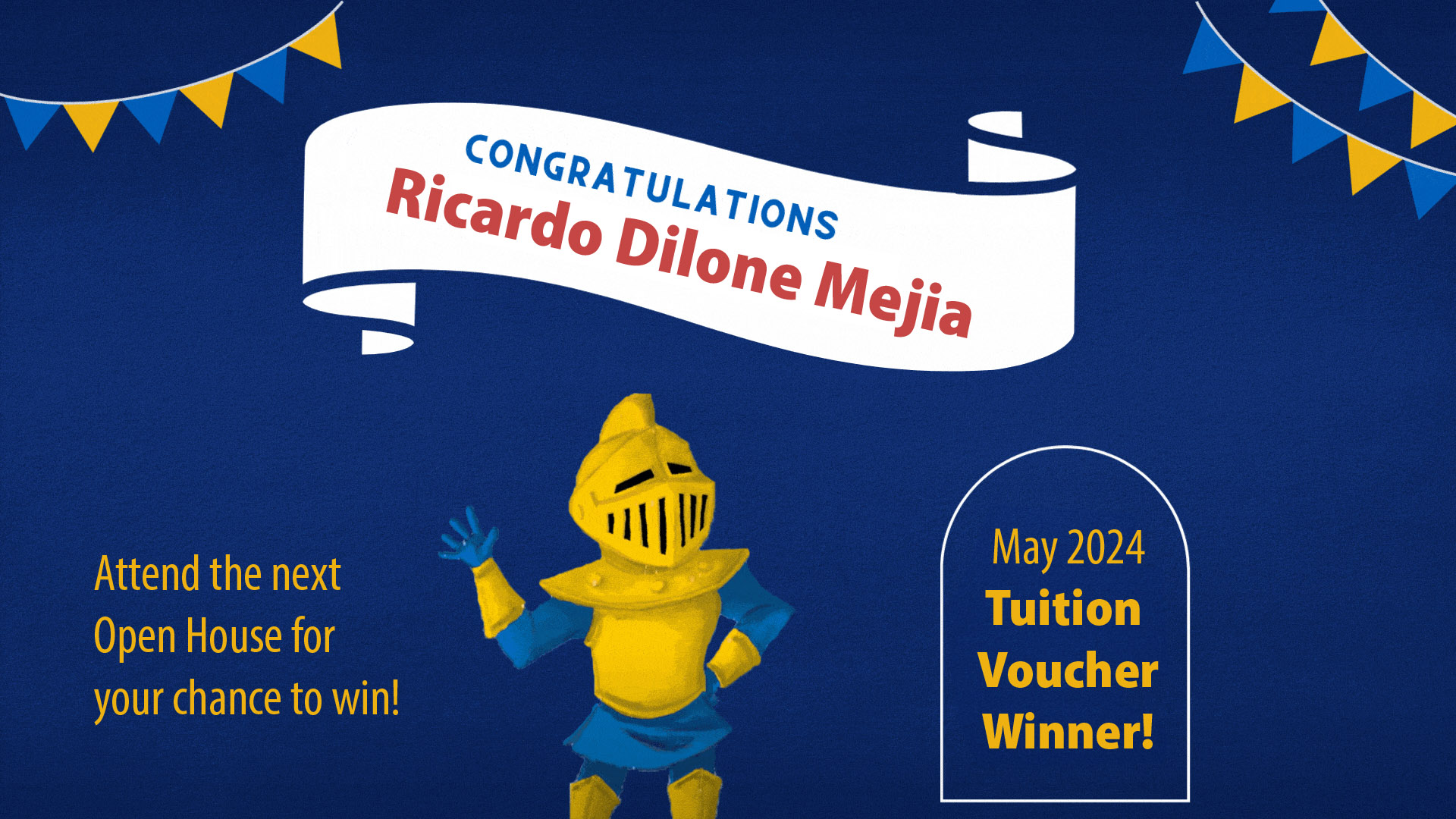 A graphic of the NECC Knight waving with the text congratulations Ricardo Dilone Mejia