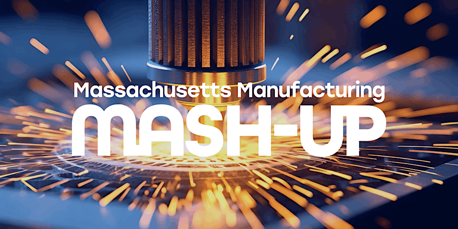 MA Manufacturing Mash Up logo, with machinery causing sparks on a blue background