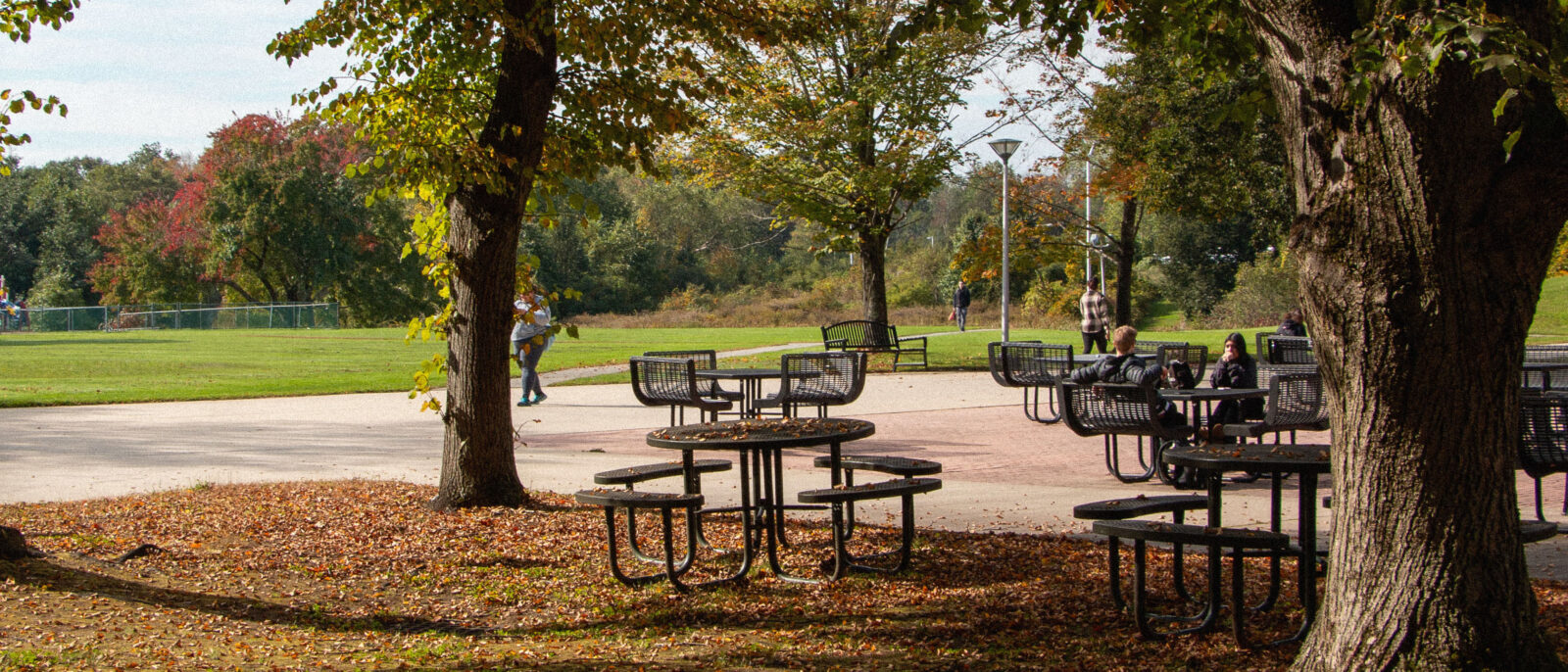 A photo of the Haverhill campus in the Fall with fall foliage and fallen leaves and students sitting outside. The sports field is in the background.