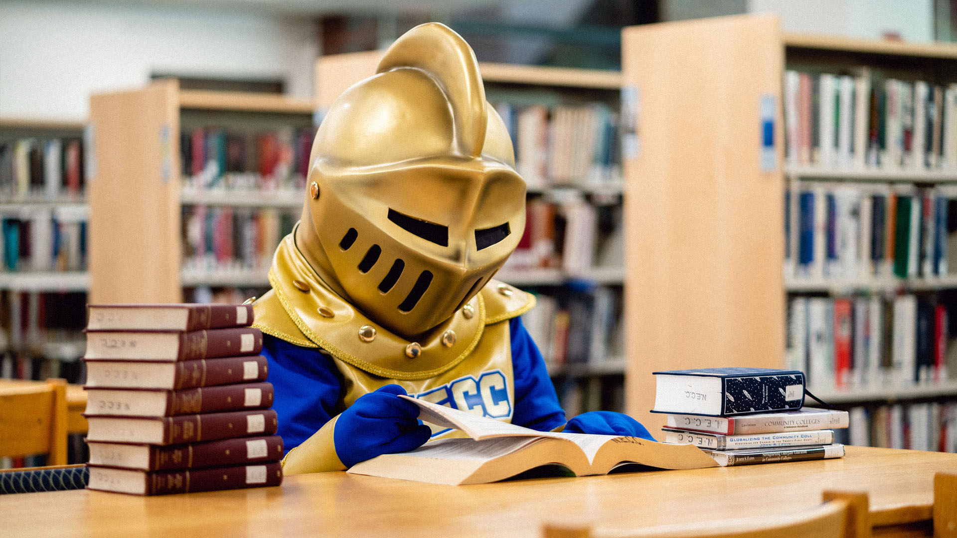 NECC Knight studying at the library